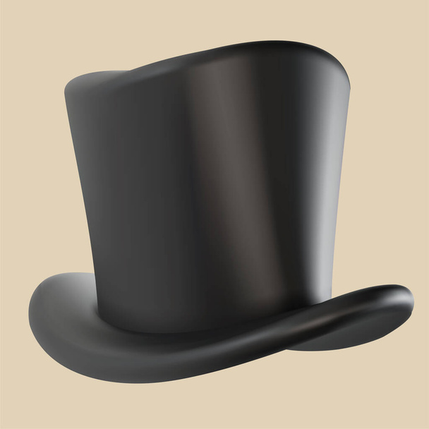 3D realistyczny czarny top kapelusz w kreskówkowym stylu minimalnym. Jasnonowoczesny wektorowy element graficzny. Retro akcesoria odzieżowe. Magiczny sprzęt lub dekoracja vintage. - Wektor, obraz