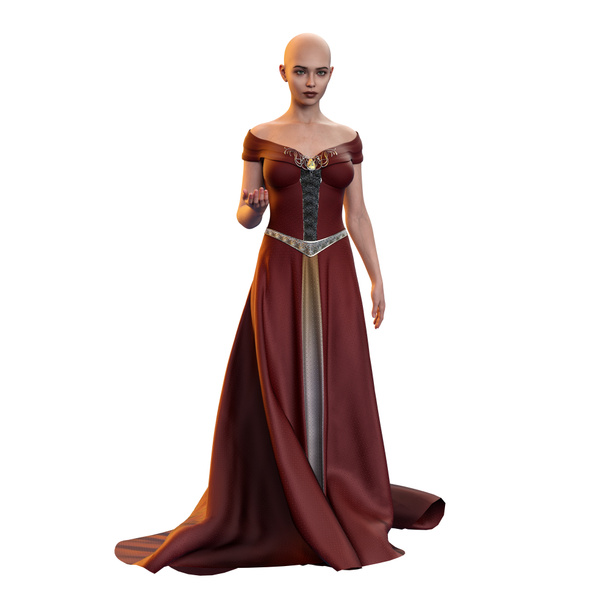 Лысая средневековая фантазия Женщина в длинном красном платье с цирком и короной цветов на изолированном белом фоне, 3D иллюстрация, 3D рендеринг - Фото, изображение