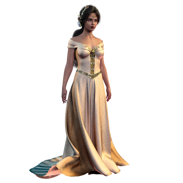 Brown Haired Medieval Fantasy Woman in Long Cream Colored Dress with Circlet and Crown of Flowers on Isolated White Background, 3D Illustration, 3D Rendering - Фото, зображення