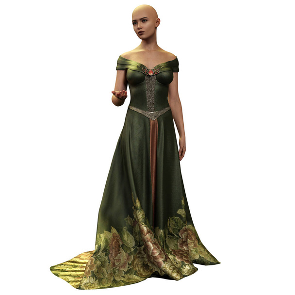Calvo medievale fantasia donna in abito lungo verde floreale con cerchio e corona di fiori su sfondo bianco isolato, Illustrazione 3D, 3D Rendering - Foto, immagini