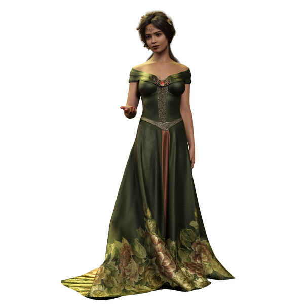茶色の髪の中世のファンタジー女性の長い緑の花のドレスと花の王冠を隔離された白い背景、 3Dイラスト、 3Dレンダリング - 写真・画像