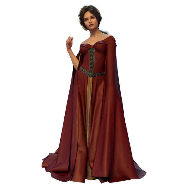 Femme fantaisie médiévale aux cheveux bruns en robe rouge longue avec cercle et couronne de fleurs sur fond blanc isolé, illustration 3D, rendu 3D - Photo, image