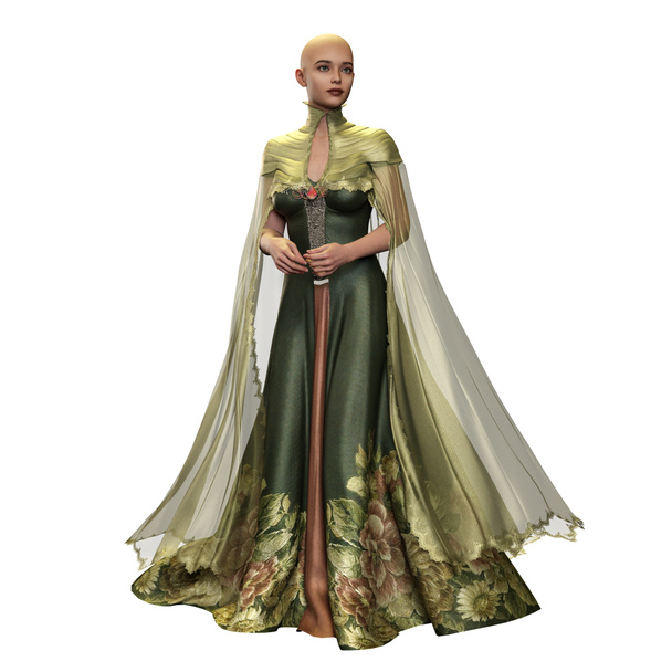 Bald Medieval Fantasy Woman in Long Green Floral Dress with Circlet and Crown of Flowers on Isolated White Background, 3D Illustration, 3D Rendering - Photo, Image