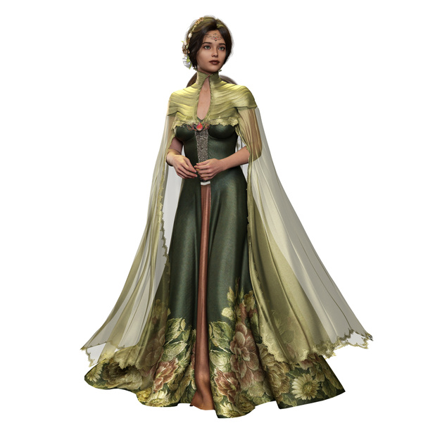 Femme fantaisie médiévale aux cheveux bruns en robe florale verte longue avec cercle et couronne de fleurs sur fond blanc isolé, illustration 3D, rendu 3D - Photo, image
