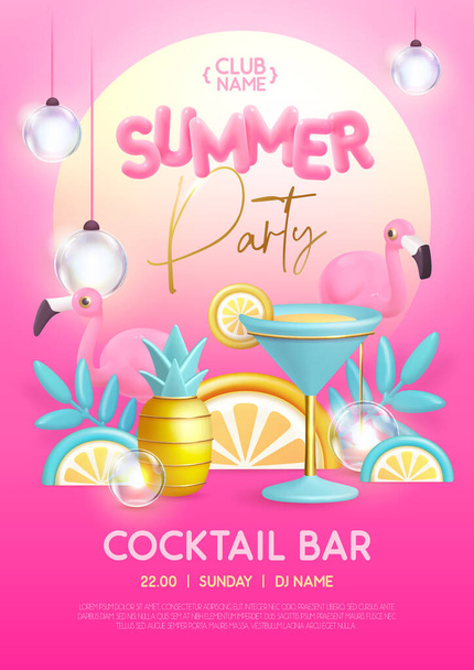 Cartel de tipografía de fiesta de cóctel de verano con texto plástico en 3D, flamenco, cóctel y hojas tropicales. Ilustración vectorial - Vector, Imagen