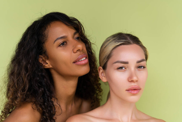 Γυναίκα κοντά πορτρέτο ομορφιά μικτή φυλή μαύρο δέρμα και λευκό δέρμα, δύο γυναίκες σε πράσινο φόντο - Φωτογραφία, εικόνα