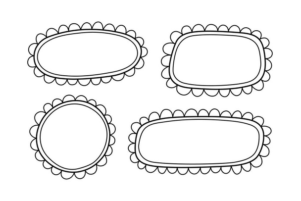 Doodle circle and square scalloped frames. Hand drawn scalloped edge rectangle and ellipse shapes. Simple label form. Flower silhouette lace frame. Vector illustration isolated on white background. - Vector, Image