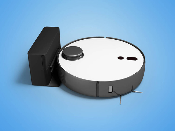 3d illustration of modern robot vacuum cleaner for dry cleaning with container with charger on blue background with shadow - Φωτογραφία, εικόνα