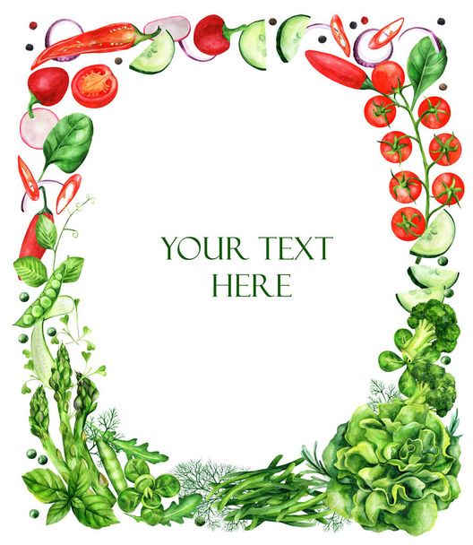 Banner or poster with vegetables, spices and herbs on a white background with space for text. Hand drawn sketch watercolor illustration. Suitable for menu, banner, label and flyer - Фото, изображение