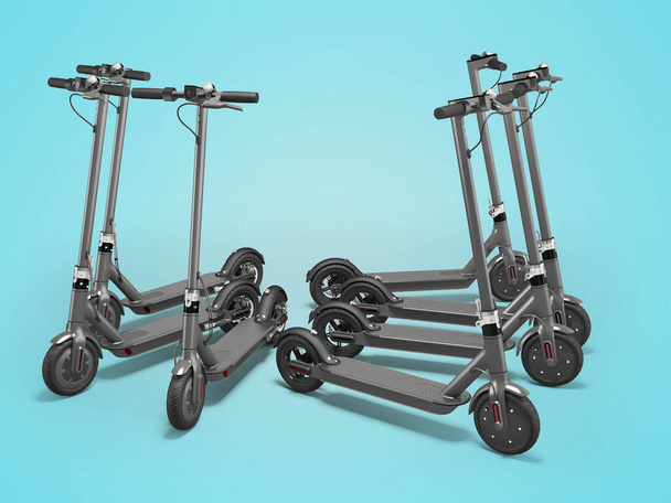 Ilustração 3d do conjunto de scooters elétricos novos modernos no fundo azul com sombra - Foto, Imagem