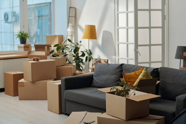 Horizontal image of new apartment with packed cardboard boxes for moving - Photo, Image