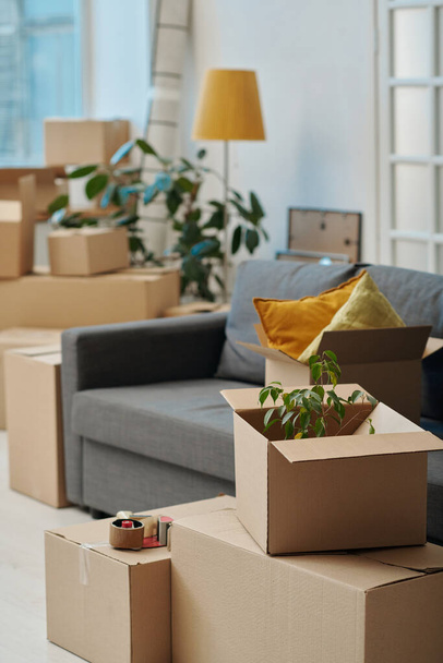 Yeni bir eve taşınmanın dikey görüntüsü, her yerde paketlenmiş kutular olan yeni bir daire - Fotoğraf, Görsel