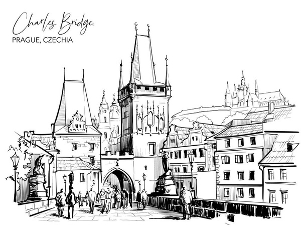 Puente de Carlos vista de la ciudad en Praga, República Checa. Dibujo de línea negra aislado sobre fondo blanco. EPS 10 ilustración vectorial. - Vector, Imagen