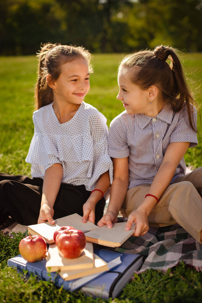 dos amigas adolescentes se preparan juntas para pasar exámenes y exámenes sentados con libros en el parque - Foto, Imagen