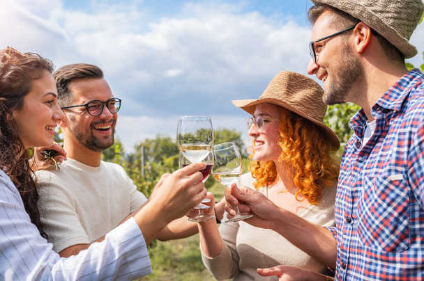 amigos felices bebiendo vino en el viñedo - Foto, imagen