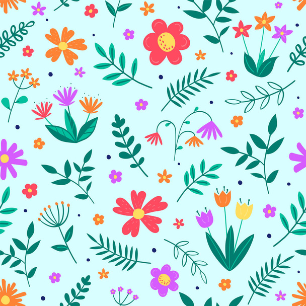 Floral texture. Spring background with colourful blowing flowers and leaves. Vector illustration - Vektori, kuva