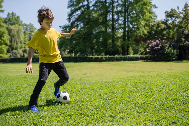 little boy soccer player on a field  - Фото, изображение