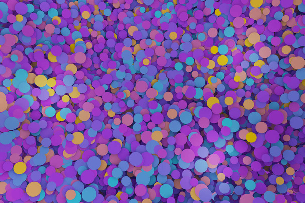 Formas geométricas redondas de confeti púrpura, violeta y amarillo moviéndose hacia arriba y hacia abajo al azar. Circulo abstracto vista superior geolocalizado Ilustración 3D representación - Foto, Imagen