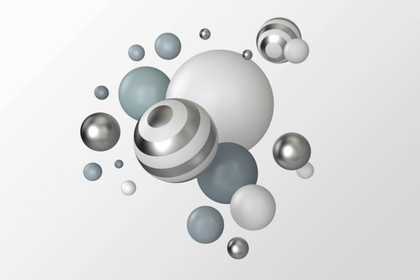 Le palline a strisce grigie e argentate hanno composizioni casuali. Illustrazione astratta realistica 3d con sfere giocattolo organico su sfondo bianco - Foto, immagini