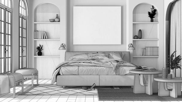 Plan niedokończonego projektu, nowoczesna drewniana sypialnia z parkietem i łukowatymi oknami. Podwójne łóżko, dywany i fotele. Japoński wystrój wnętrz - Zdjęcie, obraz