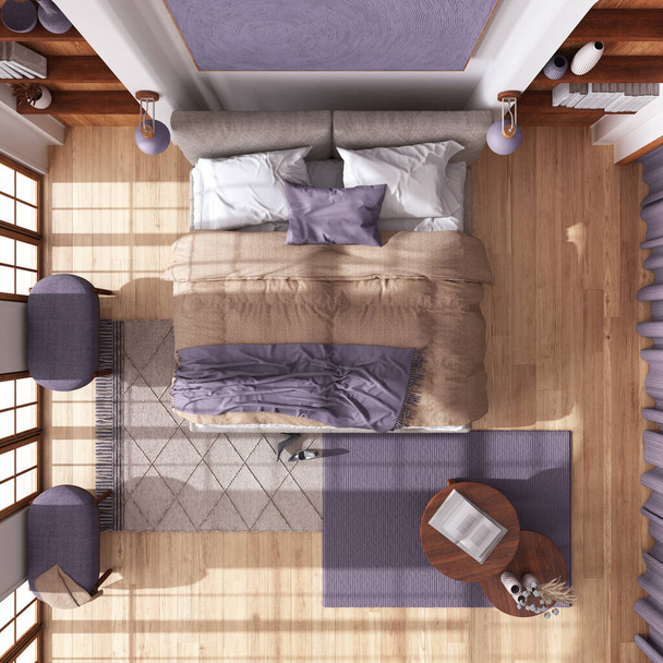Dřevěná ložnice v japonském stylu s parketovou podlahou. Manželská postel, koberec a stůl v bílých a fialových tónech. Pohled shora, plán shora. Současný design interiéru - Fotografie, Obrázek