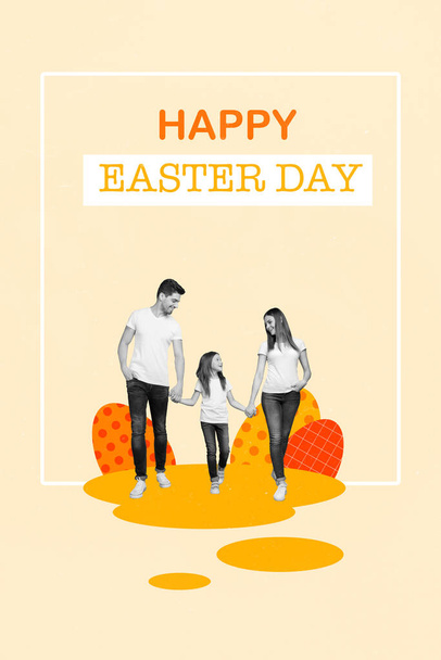 Vertical photo collage young family mommy daddy hold her daughter hand spend Easter weekend together go shopping center artwork. - Photo, image