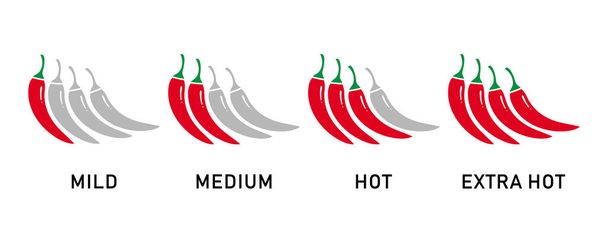 chili pippuri maustetasot, kuuma pippuri lämpö mittakaavassa, mausteinen ruoka etiketti, lievä, keskikokoinen, kuuma ja erittäin tulinen kastike, vektori kuva - Vektori, kuva