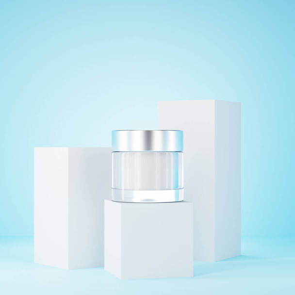 Glass cream container on blue background. 3d render - Фото, изображение