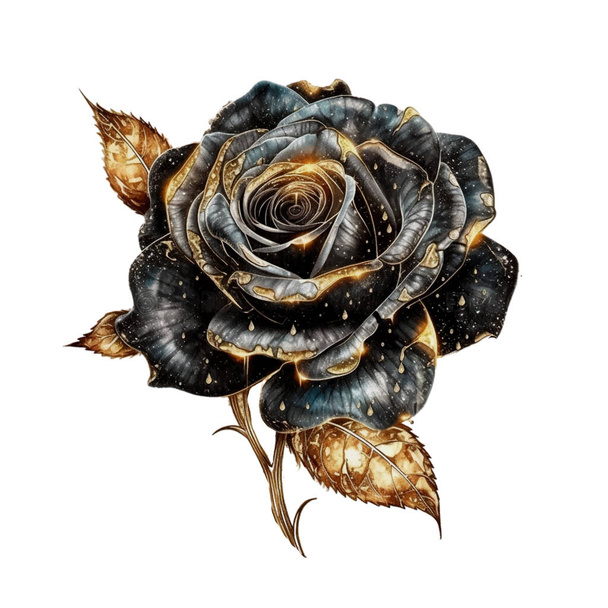 Dark Gothic Rose with Gold Shimmer Dark Fantasy Gardening Watercolor Clipart. Design element for pattern, decoration, planner sticker, sublimation and more. - Vektor, obrázek