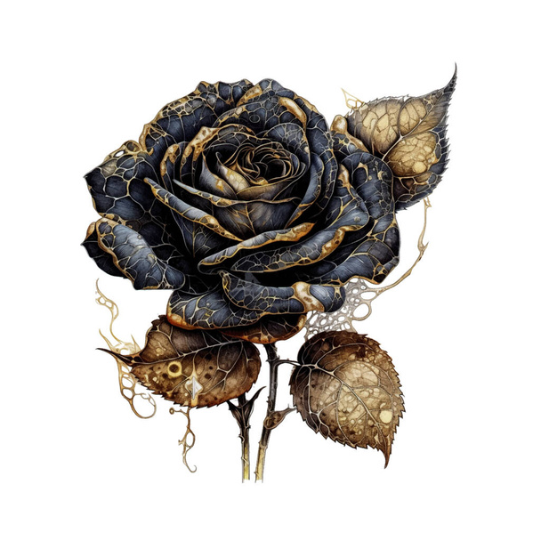 Rosa gótica oscura con brillo dorado Dark Fantasy Gardening Watercolor Clipart. Elemento de diseño para patrón, decoración, pegatina de planificador, sublimación y más. - Vector, imagen
