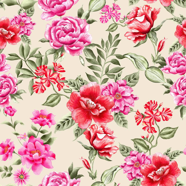 Watercolor flowers pattern, red and pink tropical elements, green leaves, gold background, seamless - Foto, Bild