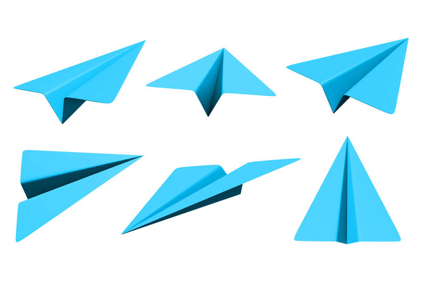Set handgeschöpftes Papierflugzeug isoliert auf weißem Hintergrund 3D-Illustration - Foto, Bild