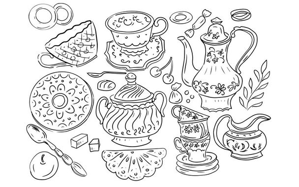 Set crockery cups spoons teapots tea party coffee service graphic illustration hand drawn set isolated on white background - Vetor, Imagem