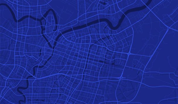 Azul oscuro Ningbo mapa de fondo del vector de área de la ciudad, carreteras e ilustración del agua. Proporción de pantalla ancha, hoja de ruta digital de diseño plano. - Vector, Imagen