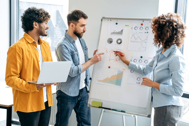 Group of positive multiracial colleagues, stand near whiteboard in modern office, developing and planning strategy, talking about ideas, analyze risks and profit. Group brainstorm in a boardroom - 写真・画像