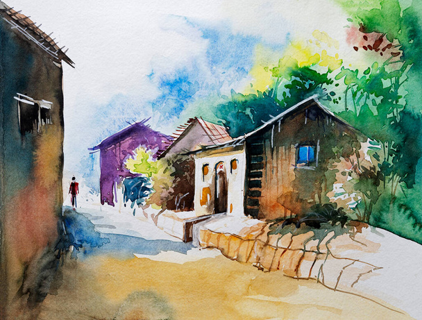 Mooie aquarel schilderij van zonovergoten landelijke huizen in een Indiaas dorp met spel van licht en schaduw op hen. Hand geschilderde aquarel illustratie. - Foto, afbeelding