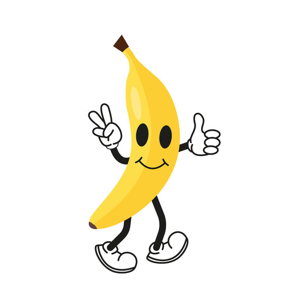 Retro kreslené ovoce banán postava. Moderní ilustrace s roztomilými komiksovými postavami. Ručně kreslené kresby komické postavy. Moderní kreslený styl. 70.-80. léta retro vibrace. eps 10 - Vektor, obrázek