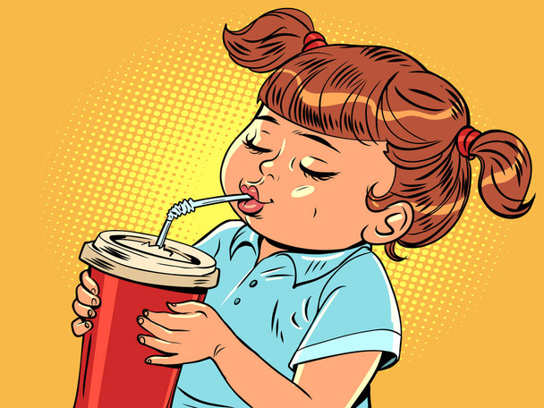 Fast food restaurant for kids and families. Takeaway water and cola. Girl drinking from a glass with a straw. Comic cartoon pop art retro vector illustration hand drawing - Διάνυσμα, εικόνα