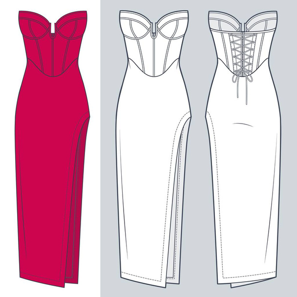 Naiset Bustier maxi Dress tekninen muoti kuvitus. Korsetti olkaimeton mekko muoti tasainen tekninen piirustus malli, puoli rako, pitsi-up, edessä ja takana näkymä, valkoinen, punainen väri, CAD mockup asettaa. - Vektori, kuva