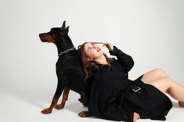 A young beautiful Doberman with a chain around his neck and his owner, elegant girl in a long black coat and bright red lipstick. Isolated on a white background. - Valokuva, kuva