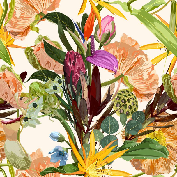 Seamless pattern with yellow beige poppy, protea, strelitzia flowers on a white background with sequins. Hand drawn sketch. Template for floral textile design, paper, wallpaper, web. - Vektor, obrázek