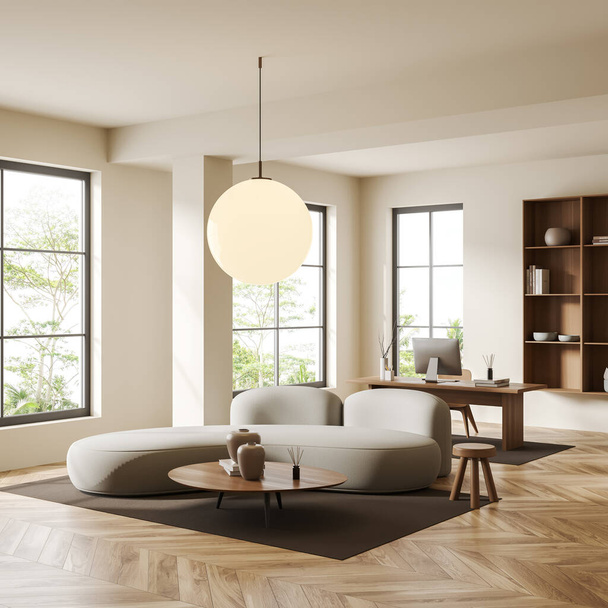 Beige workplace interior with sofa and coffee table, pc computer on desk, side view, hardwood floor. Shelf with art decoration, panoramic window on tropics view. 3D rendering - Fotoğraf, Görsel