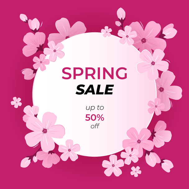 Round frame with spring flowers and place for text. Season discount banner design with sakura blossom - Vector, Image