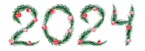 Boże Narodzenie i Nowy Rok 2024 typografia tło z akwarelowymi gałązkami jodły i czerwone zabawki. - Zdjęcie, obraz