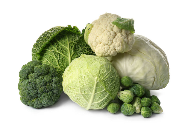Many different fresh ripe cabbages on white background - Foto, Bild