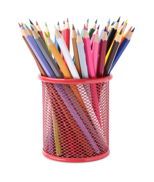 Many different colorful pencils in holder isolated on white - Φωτογραφία, εικόνα