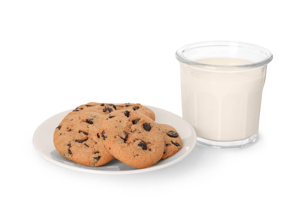Delicious chocolate chip cookies and milk isolated on white - Φωτογραφία, εικόνα