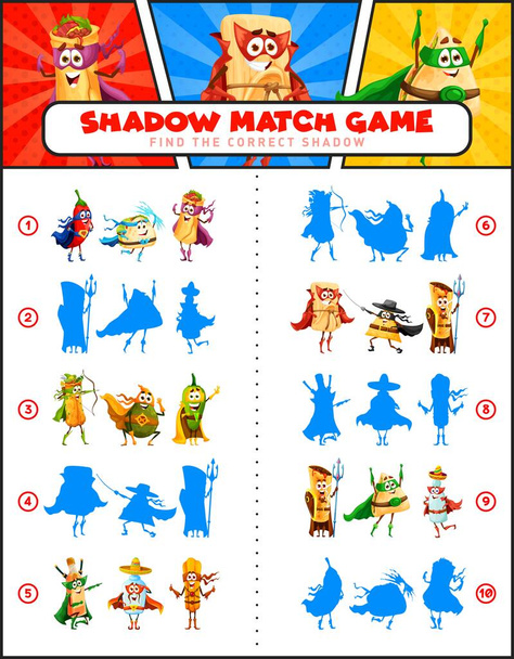 Shadow match jeu mexicain nourriture personnages de super-héros dans les bandes dessinées rétro. Feuille de travail vectorielle pour enfants avec dessin animé tex mex chili, tacos, burrito et avocat. Jalapeno, tequila, pulque et churros aux tamales - Vecteur, image