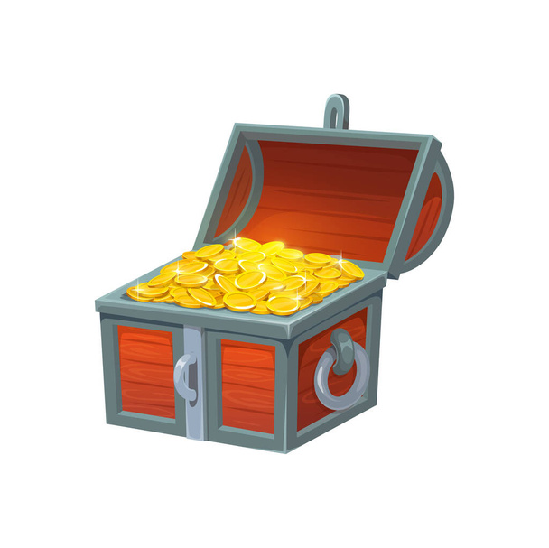 Open treasure chest with golden coins, vector wooden trunk with pirate loot. Isolated cartoon box, ui game asset. Opened coffer with gold trophy, ancient royal money case, decorated box with treasury - Vettoriali, immagini