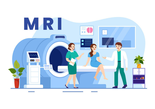 MRI ή μαγνητική τομογραφία Απεικόνιση με το γιατρό και ασθενή για την ιατρική εξέταση και αξονική τομογραφία σε επίπεδη χέρι κινουμένων σχεδίων σχεδιάζεται Πρότυπα - Διάνυσμα, εικόνα